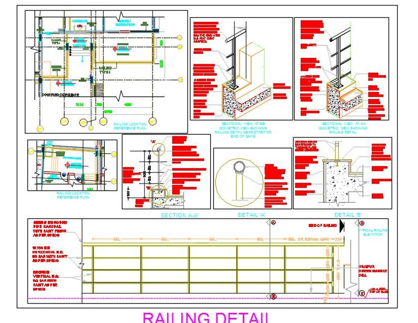 Railing Design CAD- M.S. Pipe & Round Handrail Details